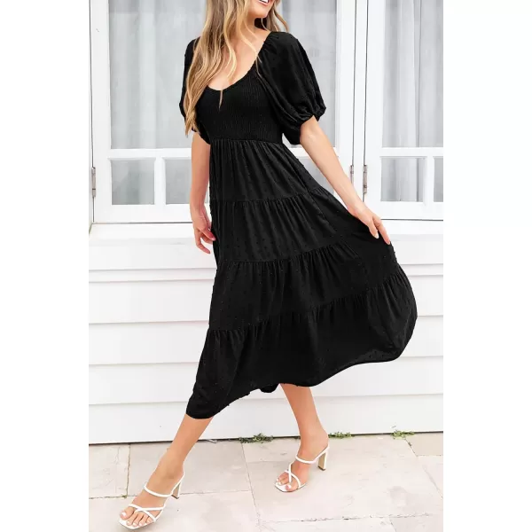 imagePRETTYGARDEN Womens Summer Casual Midi Dress Puff Sleeve Swiss Dot Long Flowy A Line DressesBlack