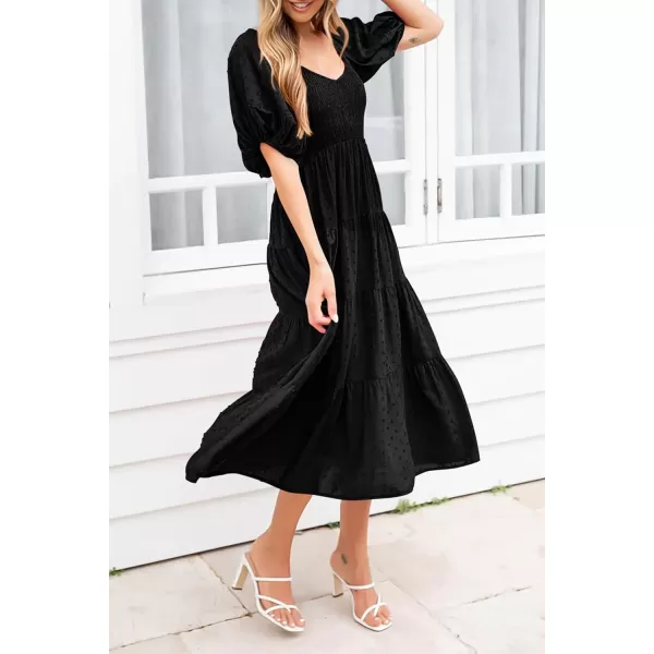imagePRETTYGARDEN Womens Summer Casual Midi Dress Puff Sleeve Swiss Dot Long Flowy A Line DressesBlack