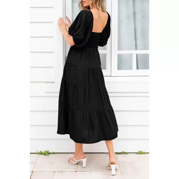 imagePRETTYGARDEN Womens Summer Casual Midi Dress Puff Sleeve Swiss Dot Long Flowy A Line DressesBlack