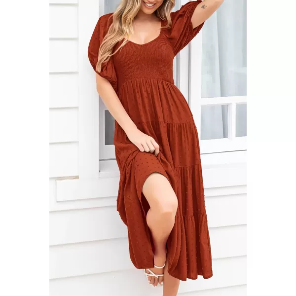imagePRETTYGARDEN Womens Summer Casual Midi Dress Puff Sleeve Swiss Dot Long Flowy A Line DressesBrick Red