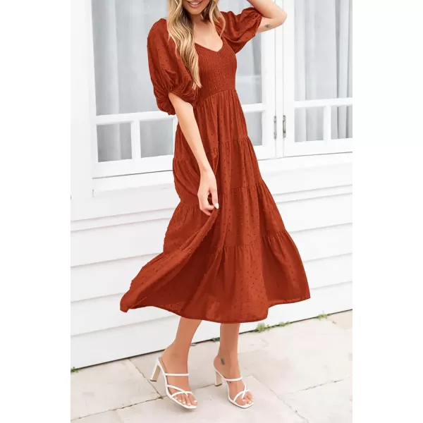 imagePRETTYGARDEN Womens Summer Casual Midi Dress Puff Sleeve Swiss Dot Long Flowy A Line DressesBrick Red