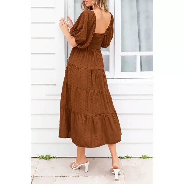 imagePRETTYGARDEN Womens Summer Casual Midi Dress Puff Sleeve Swiss Dot Long Flowy A Line DressesBrown Yellow