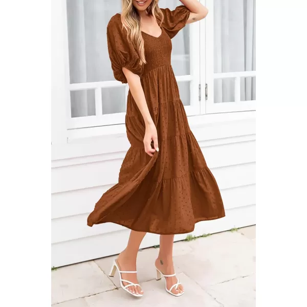 imagePRETTYGARDEN Womens Summer Casual Midi Dress Puff Sleeve Swiss Dot Long Flowy A Line DressesBrown Yellow