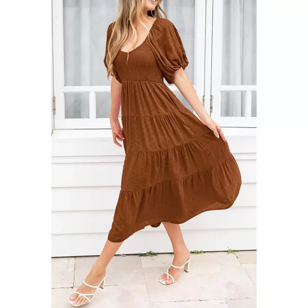 imagePRETTYGARDEN Womens Summer Casual Midi Dress Puff Sleeve Swiss Dot Long Flowy A Line DressesBrown Yellow