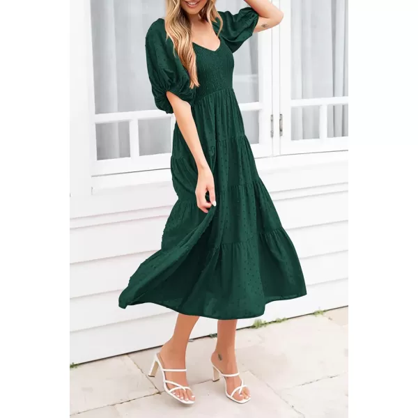 imagePRETTYGARDEN Womens Summer Casual Midi Dress Puff Sleeve Swiss Dot Long Flowy A Line DressesDark Green