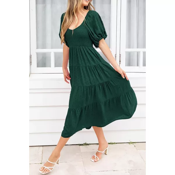 imagePRETTYGARDEN Womens Summer Casual Midi Dress Puff Sleeve Swiss Dot Long Flowy A Line DressesDark Green