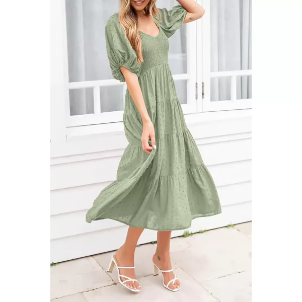 imagePRETTYGARDEN Womens Summer Casual Midi Dress Puff Sleeve Swiss Dot Long Flowy A Line DressesGrey Green