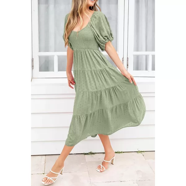 imagePRETTYGARDEN Womens Summer Casual Midi Dress Puff Sleeve Swiss Dot Long Flowy A Line DressesGrey Green