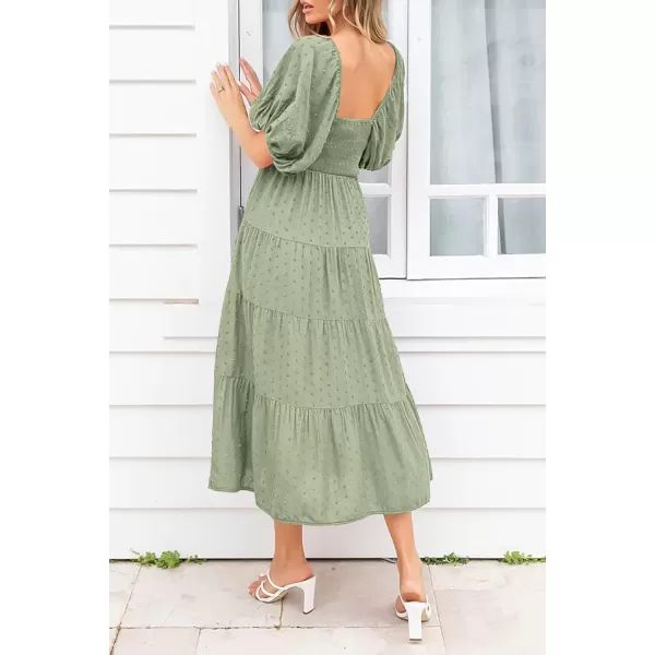 imagePRETTYGARDEN Womens Summer Casual Midi Dress Puff Sleeve Swiss Dot Long Flowy A Line DressesGrey Green