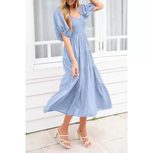 imagePRETTYGARDEN Womens Summer Casual Midi Dress Puff Sleeve Swiss Dot Long Flowy A Line DressesLight Blue