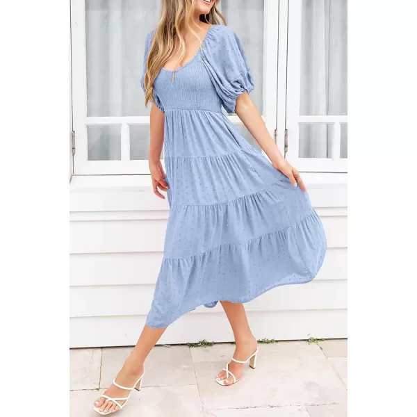 imagePRETTYGARDEN Womens Summer Casual Midi Dress Puff Sleeve Swiss Dot Long Flowy A Line DressesLight Blue