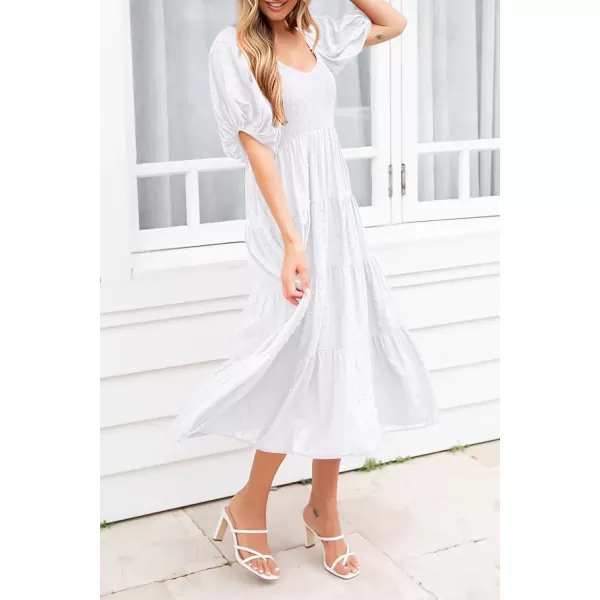 imagePRETTYGARDEN Womens Summer Casual Midi Dress Puff Sleeve Swiss Dot Long Flowy A Line DressesWhite