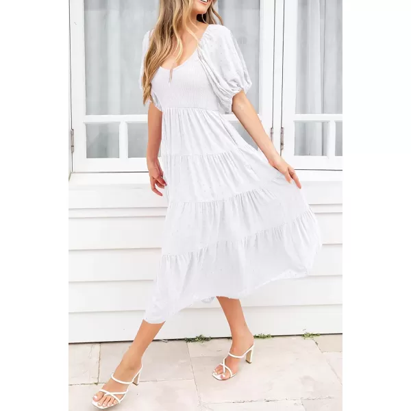 imagePRETTYGARDEN Womens Summer Casual Midi Dress Puff Sleeve Swiss Dot Long Flowy A Line DressesWhite
