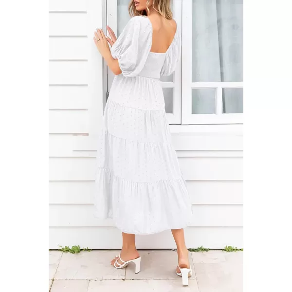 imagePRETTYGARDEN Womens Summer Casual Midi Dress Puff Sleeve Swiss Dot Long Flowy A Line DressesWhite