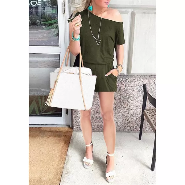 imagePRETTYGARDEN Womens Summer Casual Off Shoulder Rompers Short Sleeve Loose One Piece Jumpsuit with PocketsArmy Green