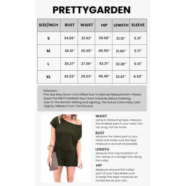 imagePRETTYGARDEN Womens Summer Casual Off Shoulder Rompers Short Sleeve Loose One Piece Jumpsuit with PocketsArmy Green
