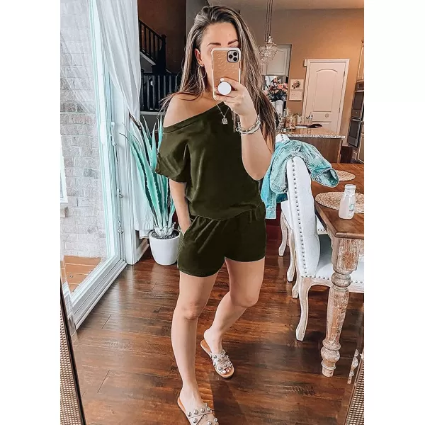 imagePRETTYGARDEN Womens Summer Casual Off Shoulder Rompers Short Sleeve Loose One Piece Jumpsuit with PocketsArmy Green