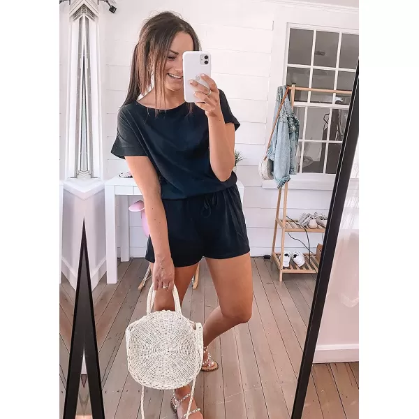 imagePRETTYGARDEN Womens Summer Casual Off Shoulder Rompers Short Sleeve Loose One Piece Jumpsuit with PocketsBlack