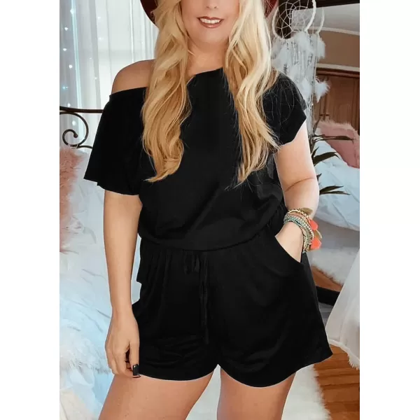 imagePRETTYGARDEN Womens Summer Casual Off Shoulder Rompers Short Sleeve Loose One Piece Jumpsuit with PocketsBlack
