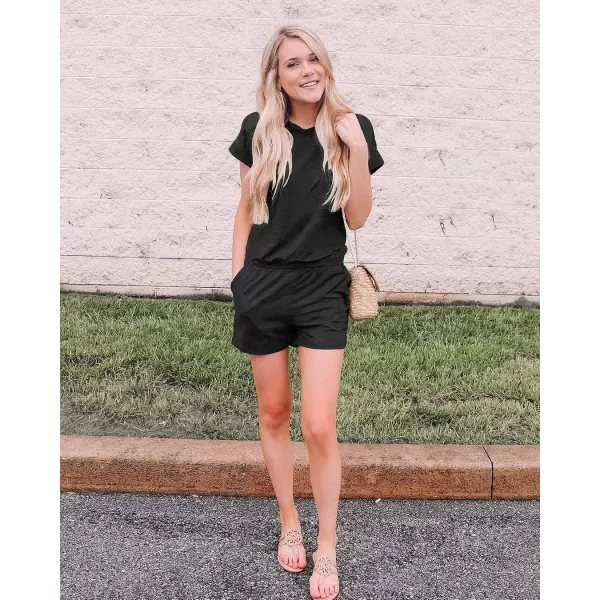 imagePRETTYGARDEN Womens Summer Casual Off Shoulder Rompers Short Sleeve Loose One Piece Jumpsuit with PocketsBlack