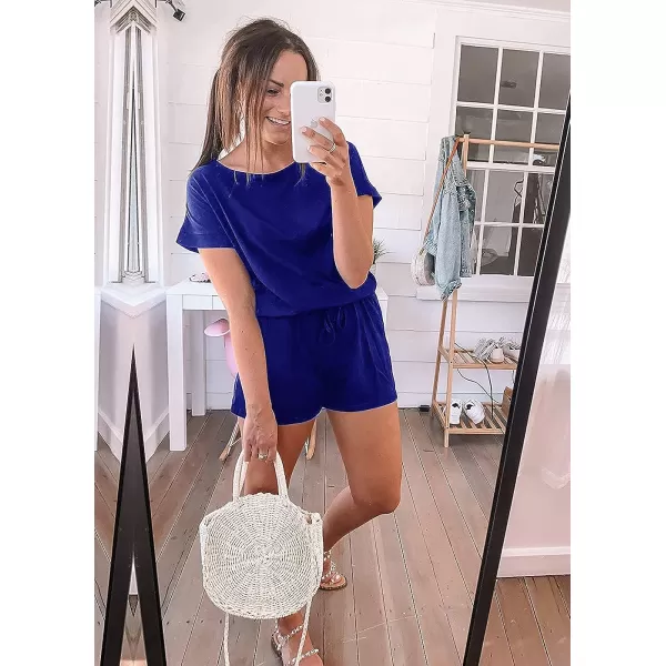 imagePRETTYGARDEN Womens Summer Casual Off Shoulder Rompers Short Sleeve Loose One Piece Jumpsuit with PocketsBlue