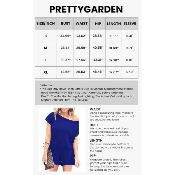 imagePRETTYGARDEN Womens Summer Casual Off Shoulder Rompers Short Sleeve Loose One Piece Jumpsuit with PocketsBlue
