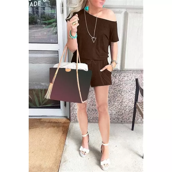 imagePRETTYGARDEN Womens Summer Casual Off Shoulder Rompers Short Sleeve Loose One Piece Jumpsuit with PocketsCoffee