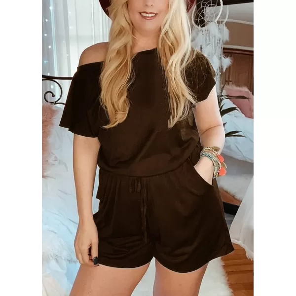 imagePRETTYGARDEN Womens Summer Casual Off Shoulder Rompers Short Sleeve Loose One Piece Jumpsuit with PocketsCoffee