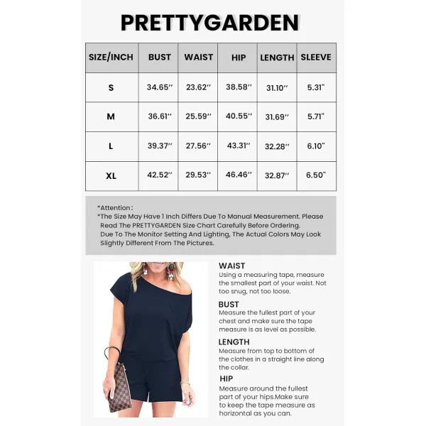imagePRETTYGARDEN Womens Summer Casual Off Shoulder Rompers Short Sleeve Loose One Piece Jumpsuit with PocketsDark Blue