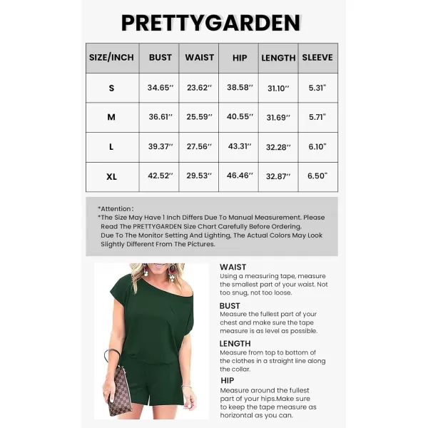 imagePRETTYGARDEN Womens Summer Casual Off Shoulder Rompers Short Sleeve Loose One Piece Jumpsuit with PocketsDark Green