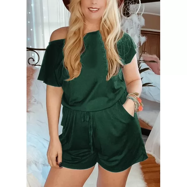 imagePRETTYGARDEN Womens Summer Casual Off Shoulder Rompers Short Sleeve Loose One Piece Jumpsuit with PocketsDark Green