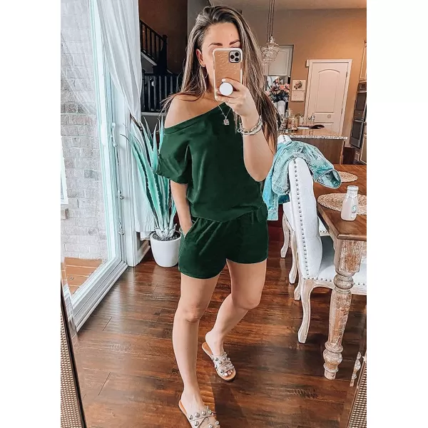 imagePRETTYGARDEN Womens Summer Casual Off Shoulder Rompers Short Sleeve Loose One Piece Jumpsuit with PocketsDark Green