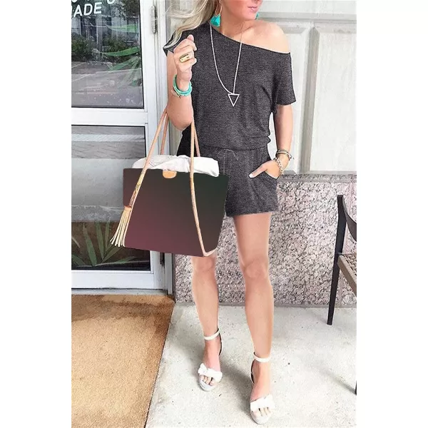 imagePRETTYGARDEN Womens Summer Casual Off Shoulder Rompers Short Sleeve Loose One Piece Jumpsuit with PocketsDark Grey