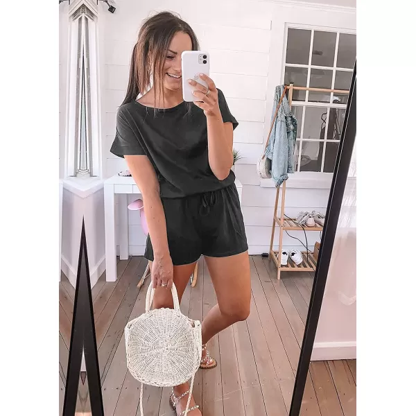imagePRETTYGARDEN Womens Summer Casual Off Shoulder Rompers Short Sleeve Loose One Piece Jumpsuit with PocketsDark Grey