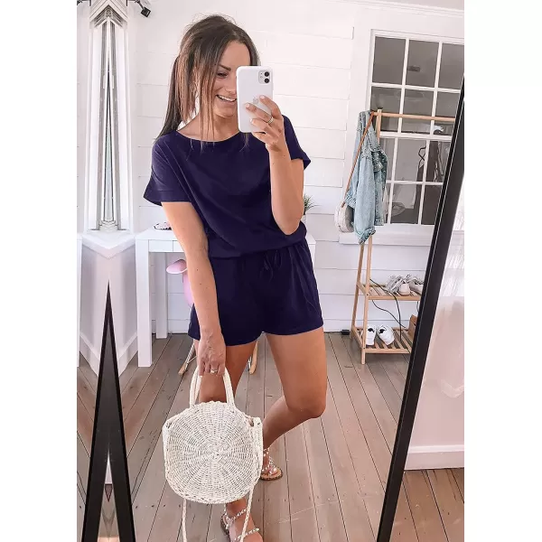 imagePRETTYGARDEN Womens Summer Casual Off Shoulder Rompers Short Sleeve Loose One Piece Jumpsuit with PocketsNavy