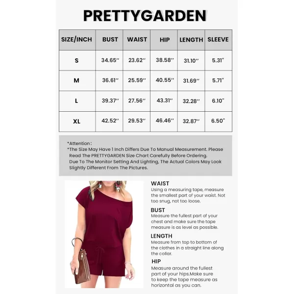 imagePRETTYGARDEN Womens Summer Casual Off Shoulder Rompers Short Sleeve Loose One Piece Jumpsuit with PocketsWine Red