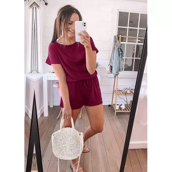 imagePRETTYGARDEN Womens Summer Casual Off Shoulder Rompers Short Sleeve Loose One Piece Jumpsuit with PocketsWine Red