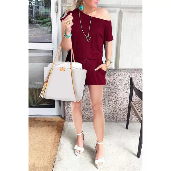 imagePRETTYGARDEN Womens Summer Casual Off Shoulder Rompers Short Sleeve Loose One Piece Jumpsuit with PocketsWine Red