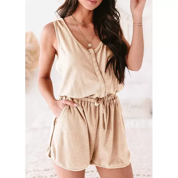 imagePRETTYGARDEN Womens Summer Casual Shorts Jumpsuit Plain Scoop Neck Button Down Sleeveless Tank Top Rompers With PocketsApricot