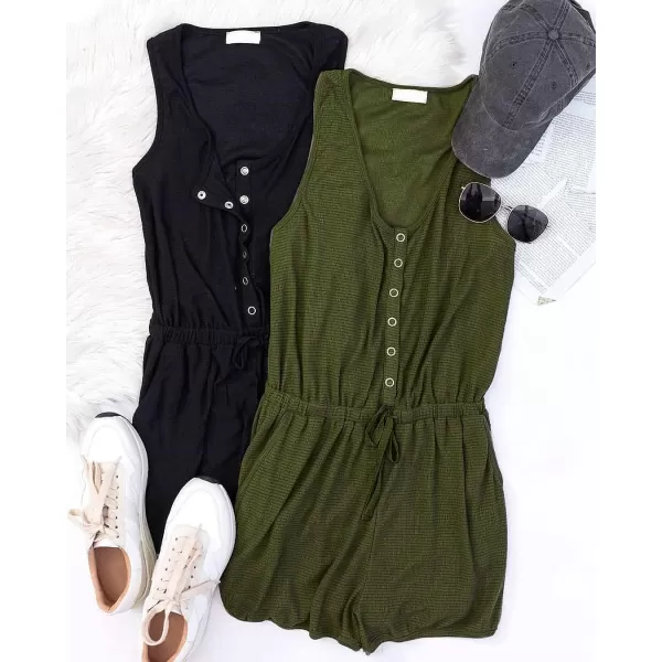 imagePRETTYGARDEN Womens Summer Casual Shorts Jumpsuit Plain Scoop Neck Button Down Sleeveless Tank Top Rompers With PocketsArmy Green