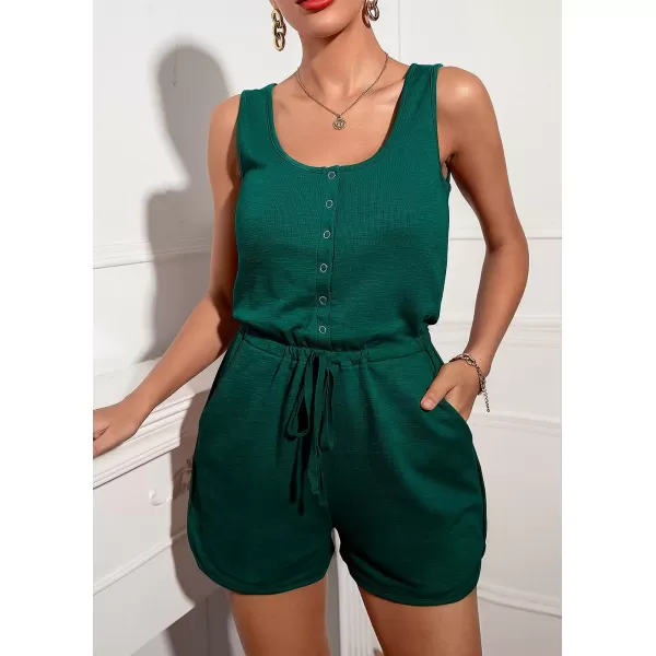 imagePRETTYGARDEN Womens Summer Casual Shorts Jumpsuit Plain Scoop Neck Button Down Sleeveless Tank Top Rompers With PocketsDark Green
