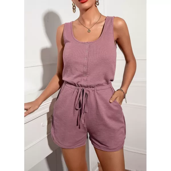imagePRETTYGARDEN Womens Summer Casual Shorts Jumpsuit Plain Scoop Neck Button Down Sleeveless Tank Top Rompers With PocketsDusty Pink