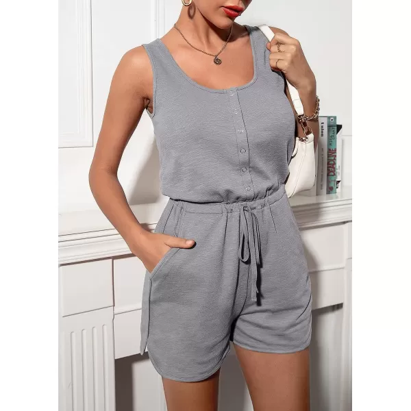 imagePRETTYGARDEN Womens Summer Casual Shorts Jumpsuit Plain Scoop Neck Button Down Sleeveless Tank Top Rompers With PocketsGrey