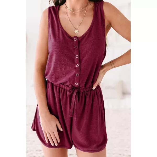 imagePRETTYGARDEN Womens Summer Casual Shorts Jumpsuit Plain Scoop Neck Button Down Sleeveless Tank Top Rompers With PocketsJujube Red