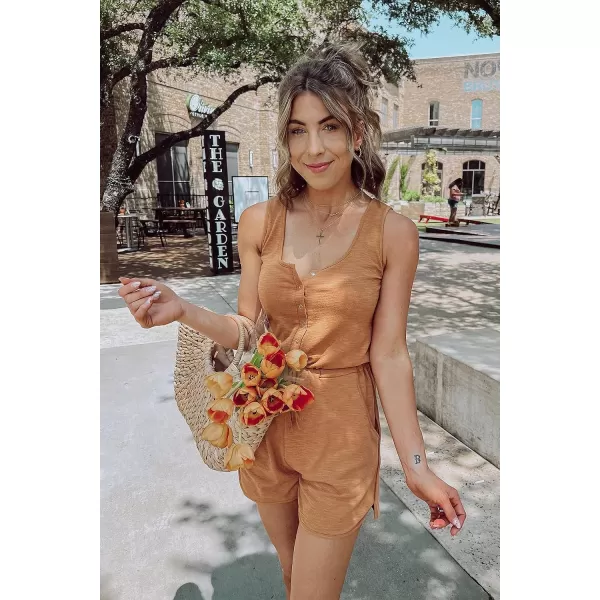 imagePRETTYGARDEN Womens Summer Casual Shorts Jumpsuit Plain Scoop Neck Button Down Sleeveless Tank Top Rompers With PocketsYellow Brown