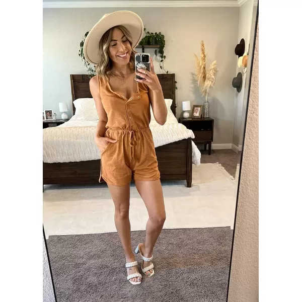 imagePRETTYGARDEN Womens Summer Casual Shorts Jumpsuit Plain Scoop Neck Button Down Sleeveless Tank Top Rompers With PocketsYellow Brown