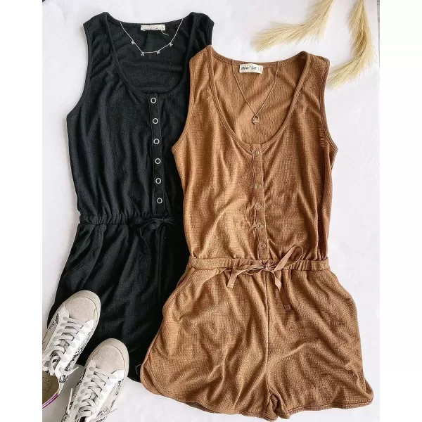 imagePRETTYGARDEN Womens Summer Casual Shorts Jumpsuit Plain Scoop Neck Button Down Sleeveless Tank Top Rompers With PocketsYellow Brown