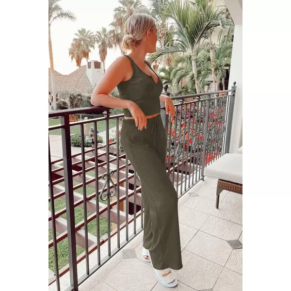 imagePRETTYGARDEN Womens Summer Casual Two Piece Outfits Sweatsuits Tank Scoop Neck Ribbed Knit Long Pants TracksuitsArmy Green