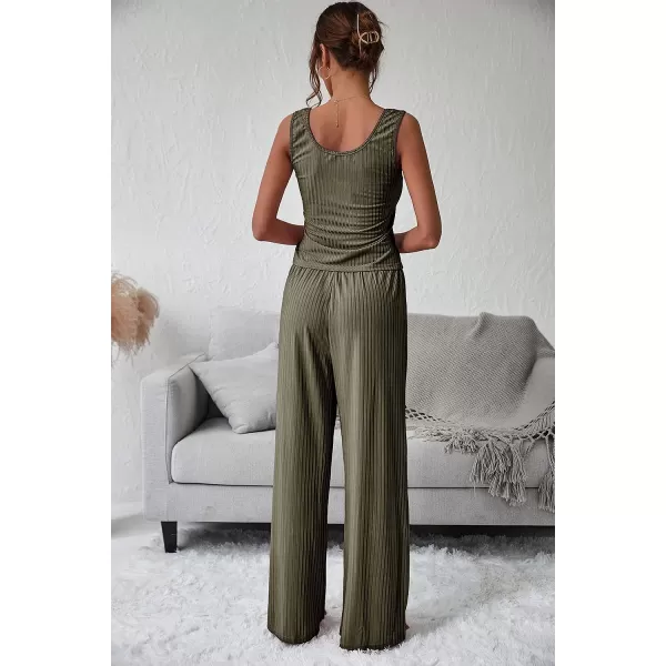 imagePRETTYGARDEN Womens Summer Casual Two Piece Outfits Sweatsuits Tank Scoop Neck Ribbed Knit Long Pants TracksuitsArmy Green