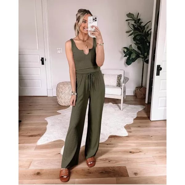 imagePRETTYGARDEN Womens Summer Casual Two Piece Outfits Sweatsuits Tank Scoop Neck Ribbed Knit Long Pants TracksuitsArmy Green
